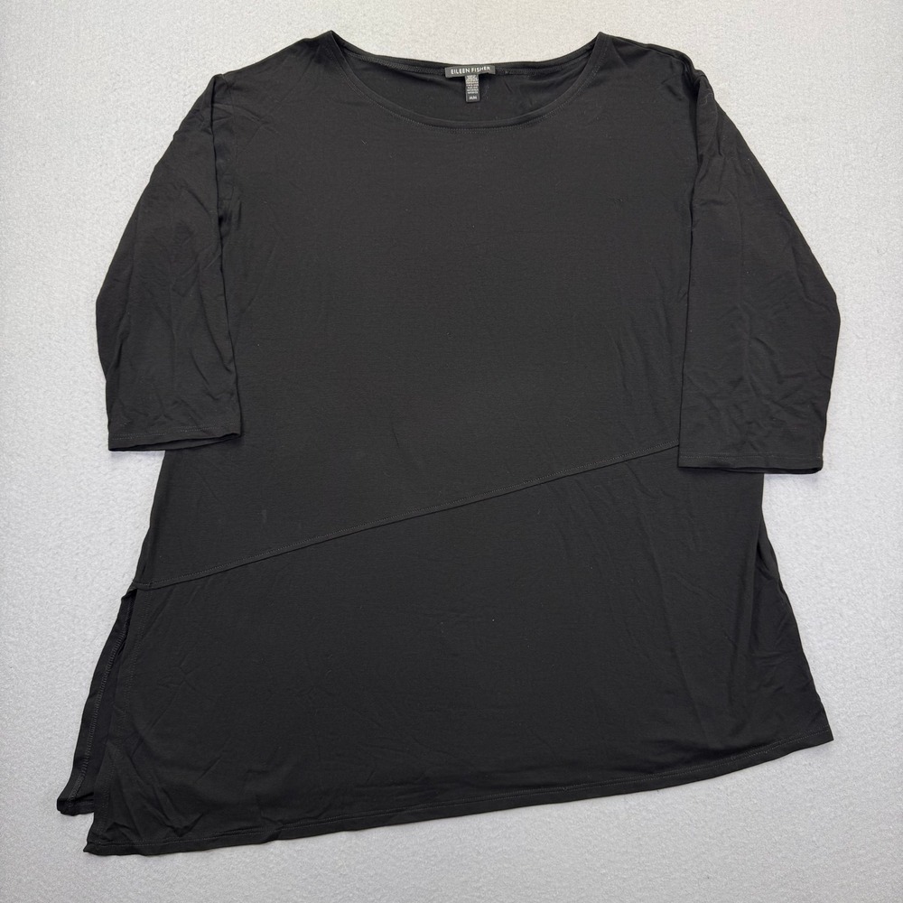 Eileen Fisher Black Tencel Lyocell Asymmetric 3/4 Sleeve Tunic Top M/M S19FTJ